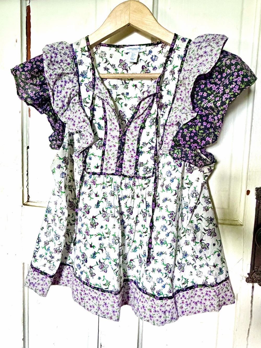 Carolina Belle Floral Ruffle Flutter Sleeve Blouse Cottagecore 100% Cotton